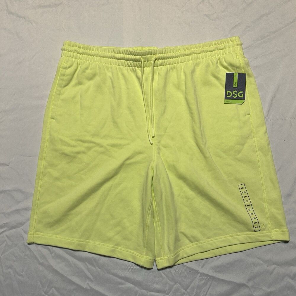 DSG Mens Lo Vis Yellow French Terry Gym Shorts Size 2XL 10" Inseam Elastic Waist